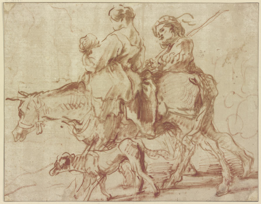 Frau mit Kind auf einem Esel reitend, ein junger Mann zu Fuß nebenher gehend de Giovanni Benedetto Castiglione
