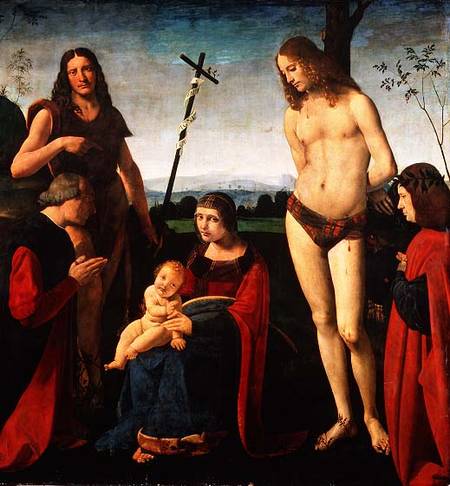 Madonna and Child with SS. John the Baptist and Sebastian Between Two Donors de Giovanni Boltraffio