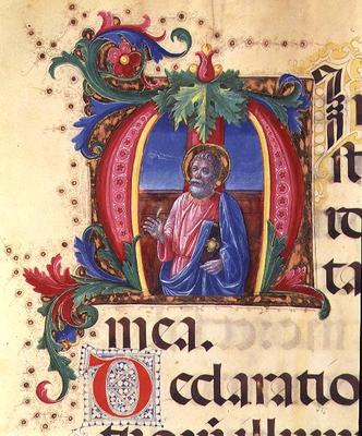 Ms 542 f.31r Historiated initial 'H' depicting a male saint from a psalter written by Don Appiano fr de Giovanni di Guiliano Boccardi