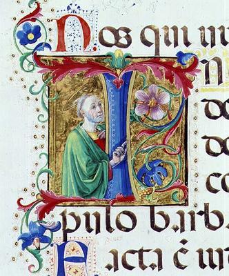 Ms 542 f.44v Historiated initial 'I' depicting a male saint from a psalter written by Don Appiano fr de Giovanni di Guiliano Boccardi