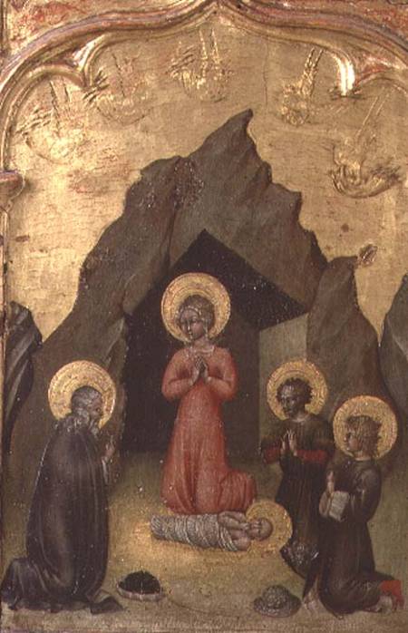 Adoration of the Child by the Virgin, St. Joseph and two saints de Giovanni  di Paolo di Grazia
