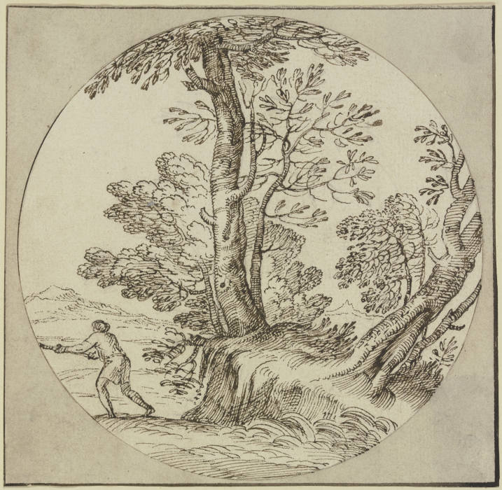 Baumpartie am Wasser, ein Mann nach links de Giovanni Francesco Grimaldi