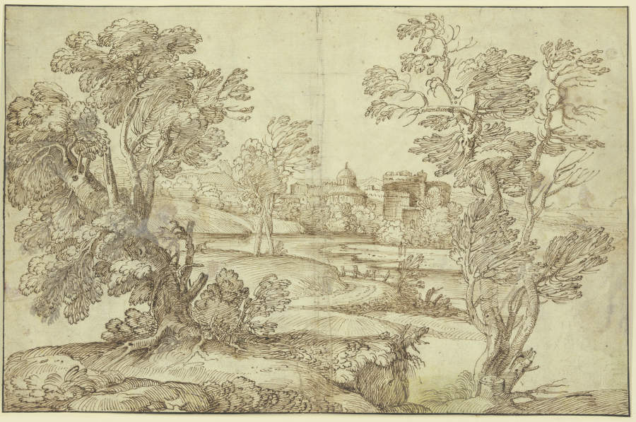 Landschaft mit Wasser, Baumgruppen und Gebäuden de Giovanni Francesco Grimaldi