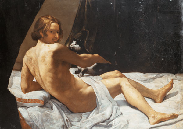 Young Man Lying on a Bed with a Cat de Giovanni Lanfranco