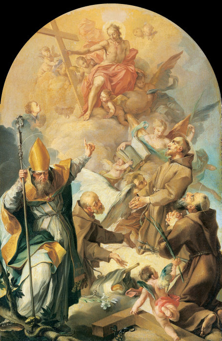 Three Capuchin Saints and a Bishop Worshipping Christ and the Cross de Giovanni Lanfranco