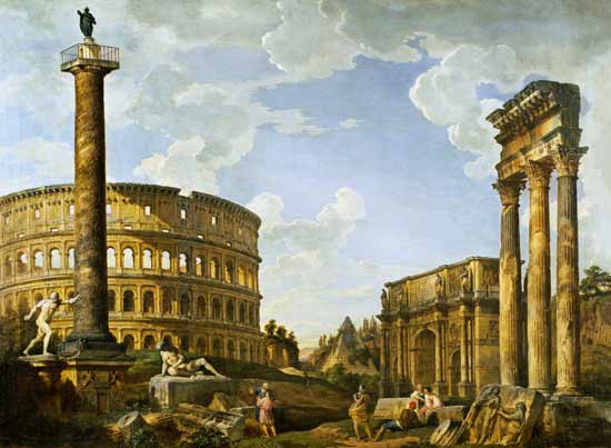 Roman Capriccio Showing the Colosseum, Borghese Warrior, Trajan's Column, the Dying Gaul, Tomb of Ce de Giovanni Paolo Pannini