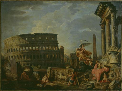 Ruinenlandschaft mit Kolosseum und Konstantinsbogen und Allegorie auf den Untergang des Roemischen R de Giovanni Paolo Pannini