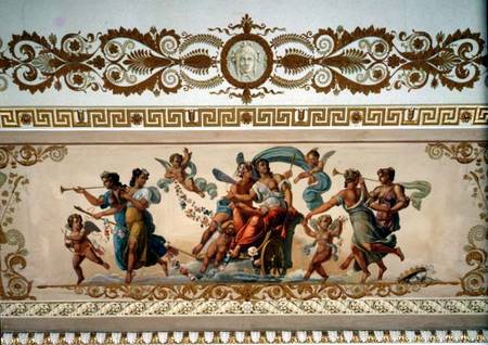Triumphant goddess drawn in a chariot, detail of the ornamental border of the ceiling in the Raspber de Giovanni Scotti