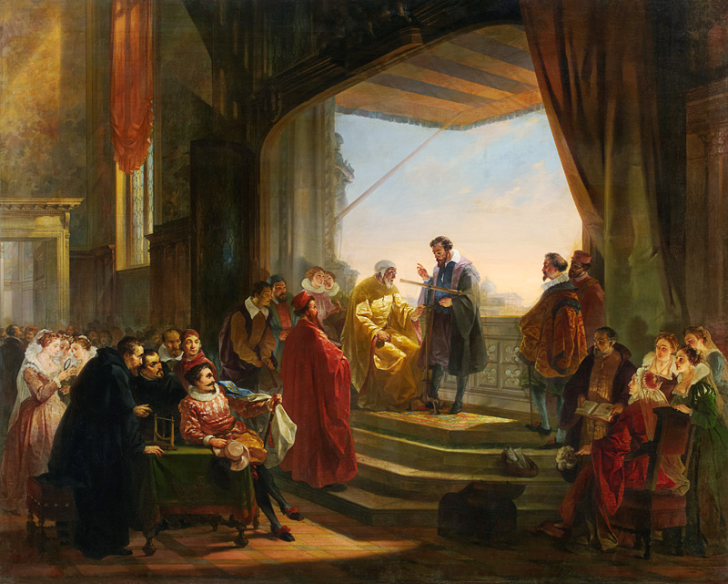 Galilei macht vor dem Dogen Leonardo Donato und dem Senat von Venedig den ersten Versuch mit Telesko de Giovanni Servi