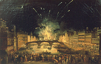 Feuerwerk über der Ponte alla Carraia in Florenz am Feste Johannes d. Täufers. de Giovanni Signorini