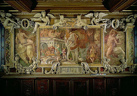 The Triumphal Elephant, an allegorical tribute to Francis I, detail of decorative scheme in the Gall de Giovanni Battista Rosso Fiorentino