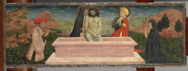 Imago pietatis mit Maria und Johannes und einem Stifterpaar. de Giovanni Francesco da Rimini
