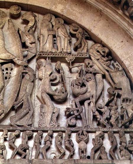 West Portal, detail of the Last Judgement, right hand side depicting the Weighing of Souls de Gislebertus