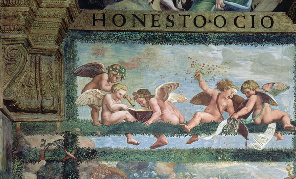 The Rustic Banquet, detail of putti making music, from the Sala di Amore e Psiche de Giulio Romano