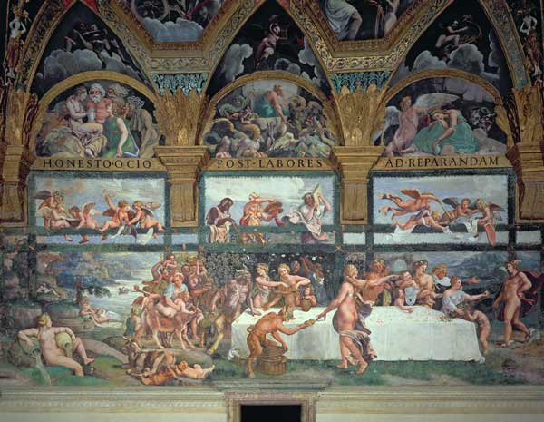 The Rustic Banquet celebrating the marriage of Cupid and Psyche, with the three lunettes above depic de Giulio Romano