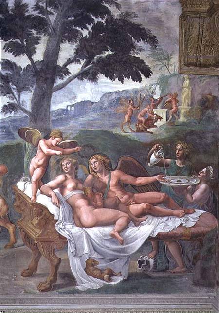 Cupid and Psyche with their daughter Voluptuousness, waited on by Ceres who pours water into a basin de Giulio Romano