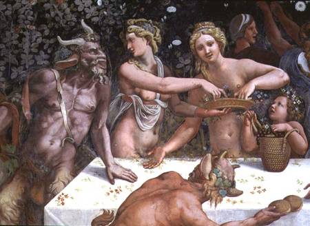Two Horae scattering flowers, watched by two satyrs, detail of the rustic banquet celebrating the ma de Giulio Romano