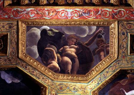 A nymph pouring water from a jug, a putto urinating and another putto holding an urn, ceiling caisso de Giulio Romano