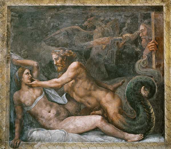 Olympia is seduced by Jupiter, whose thunderbolt is seized by an eagle who drills the eye of the jea de Giulio Romano