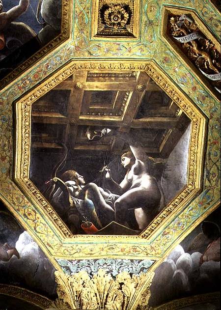 Psyche sees Cupid while he sleeps, ceiling caisson from the Sala di Amore e Psiche de Giulio Romano