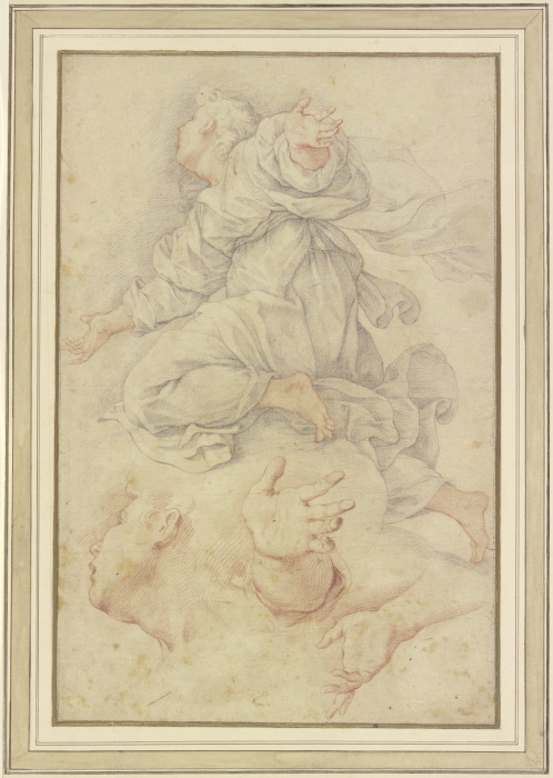 Studienblatt: Kniender Engel auf Wolken mit fliegendem Gewand, darunter eine Wiederholung des Kopfes de Giuseppe Bartolomeo Chiari