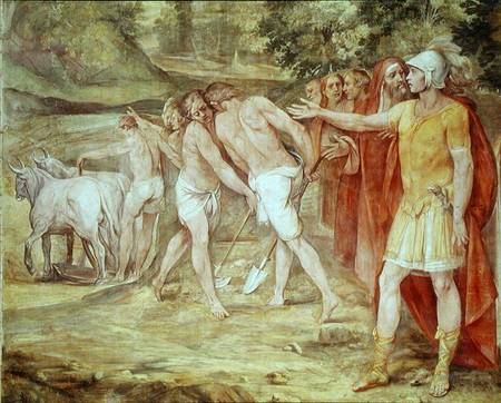 Romulus marking the limits of Rome, from the Sala dei Horatii e Curatii de Giuseppe Cesare