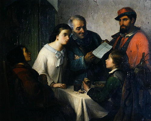 The Letter of the Volunteer, from the Front to the Family, 1861 (oil on canvas) de Giuseppe Moricci
