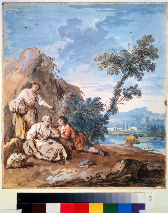 Three peasants resting on a river bank de Giuseppe Zais