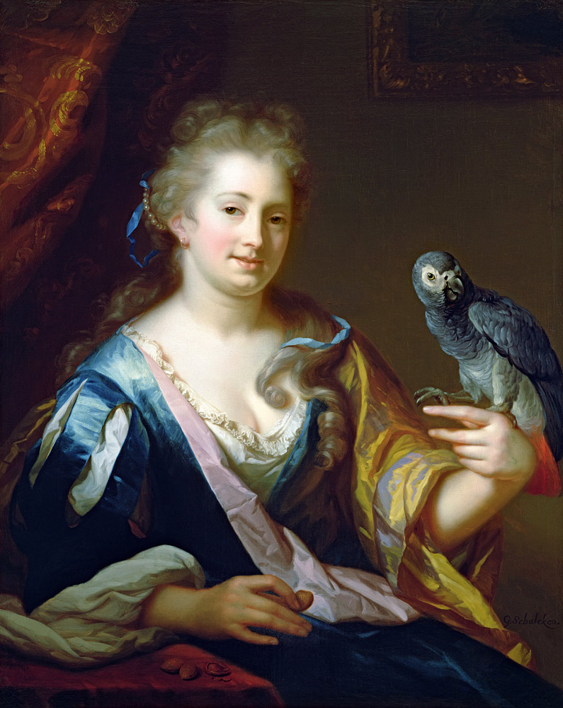 Portrait of a Lady feeding a parrot de Godfried Schalcken
