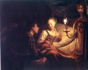 A Candlelight Scene: A Man Offering a Gold Chain and Coins to a Girl Seated on a Bed