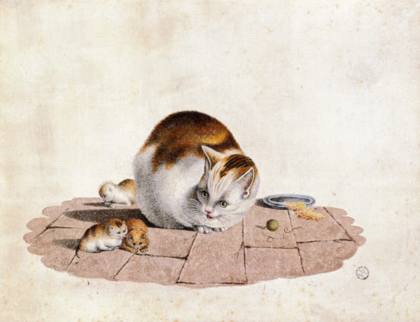 Cat mother with three boys at a food plate de Gottfried Mind