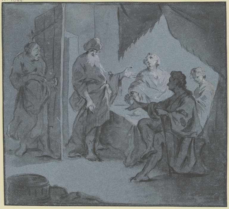 Abraham bewirtet die drei an einem Tisch sitzenden Engel, links an der Tür lauscht Sara de Gottlieb Welté