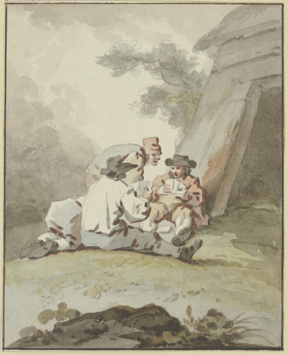 Vier Männer vor einer Hütte am Boden sitzend oder hockend beim Kartenspiel de Gottlieb Welté