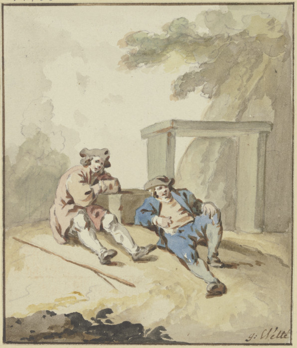 Zwei Männer bei einer Steinbank am Boden lagernd de Gottlieb Welté