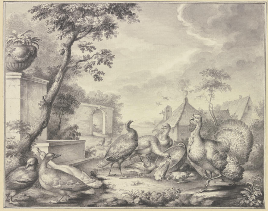 Truthahn und Tauben bei der Fütterung, links drei Enten de Gottlieb Friedrich Riedel