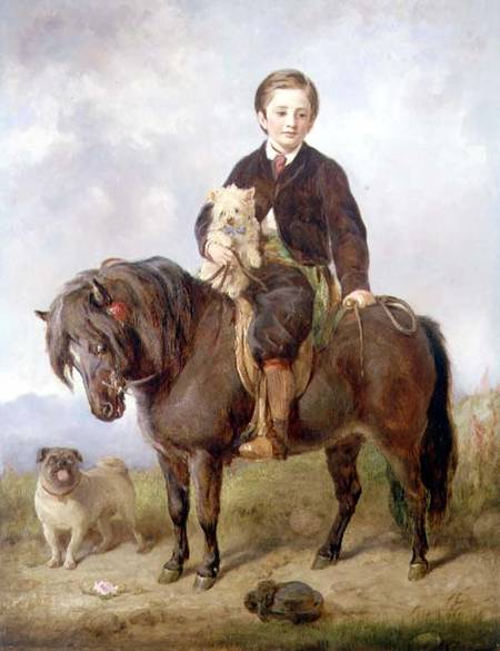 John Samuel Bradford as a boy seated on a shetland pony with a pug dog de Gourlay Steell