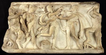 Fragment of a sarcophagus depicting satyrs and a maenad de Greek