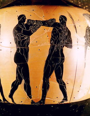 Black-figure Panathenaic amphora depicting a boxing contest, c.336 BC (pottery) de Greek 4th century BC