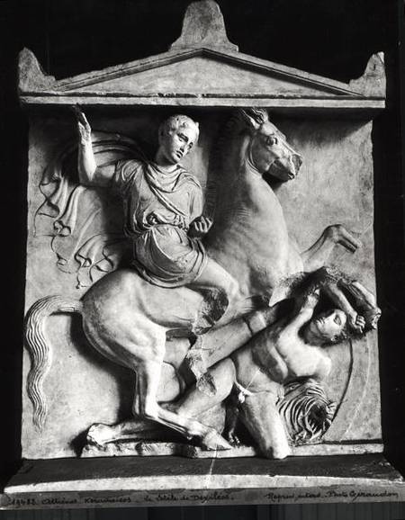 Funerary stele of Dexileos (d.394 BC) depicting him on his horse about to strike at the enemy de Greek School