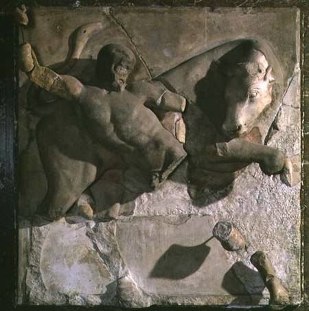 Hercules Fighting the Cretan Bull, one of a series of twelve metopes depicting the Labours of Hercul de Greek School