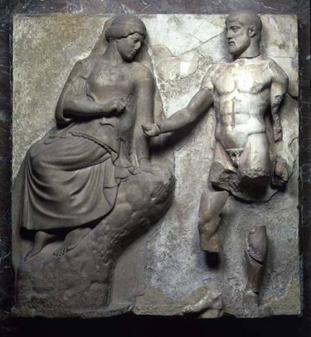 Hercules and Minerva, one of a series of metopes depicting the Labours of Hercules from the Temple o de Greek School