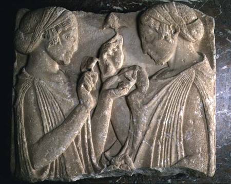 The Stele of Pharsalos depicting the glorifying of the flower, two girls face to face carrying flowe de Greek School