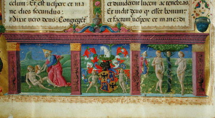 The Creation and Temptation of Adam and Eve with the coat of arms of the House of Este, from the 'Bi de Guglielmo Giraldi