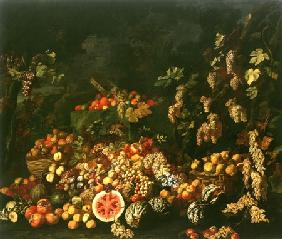 Naturaleza muerta con frutas y flores