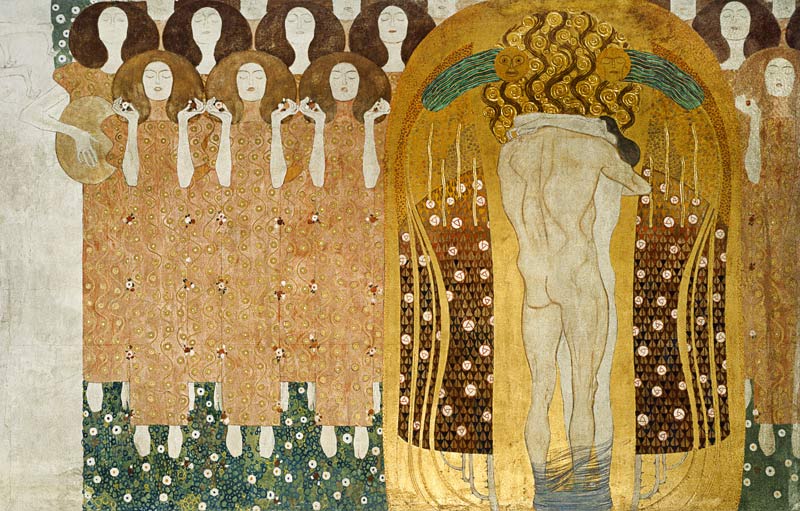 Here's a Kiss to the Whole World!, detail of the Beethoven Frieze, 1902 (casein, gold leaf, semi-pre de Gustav Klimt