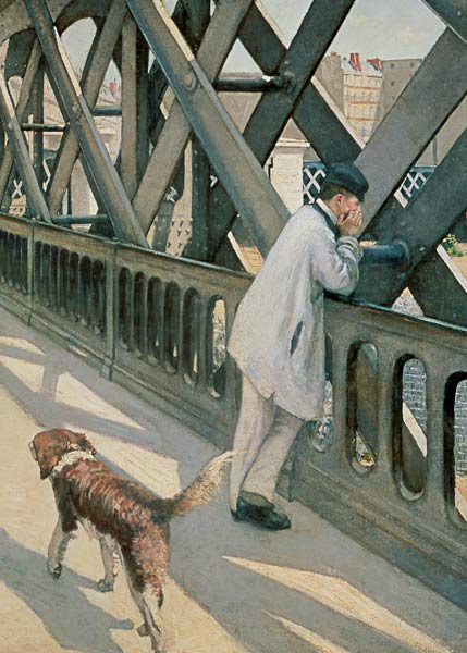 Puente de Europa : Detalle de hombre descansando con su perro de Gustave Caillebotte
