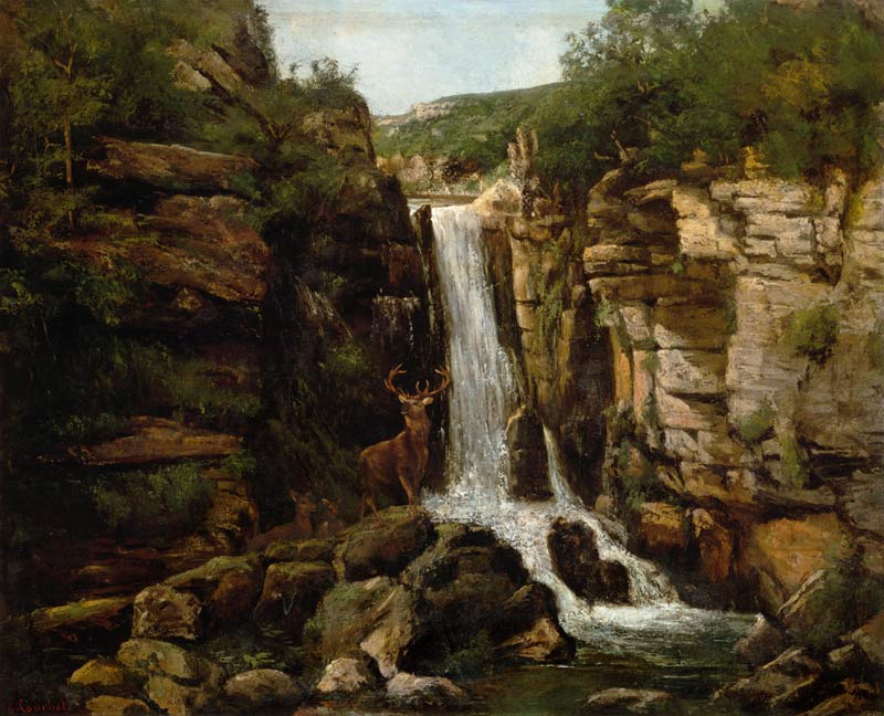 Red deer in front of a waterfall de Gustave Courbet
