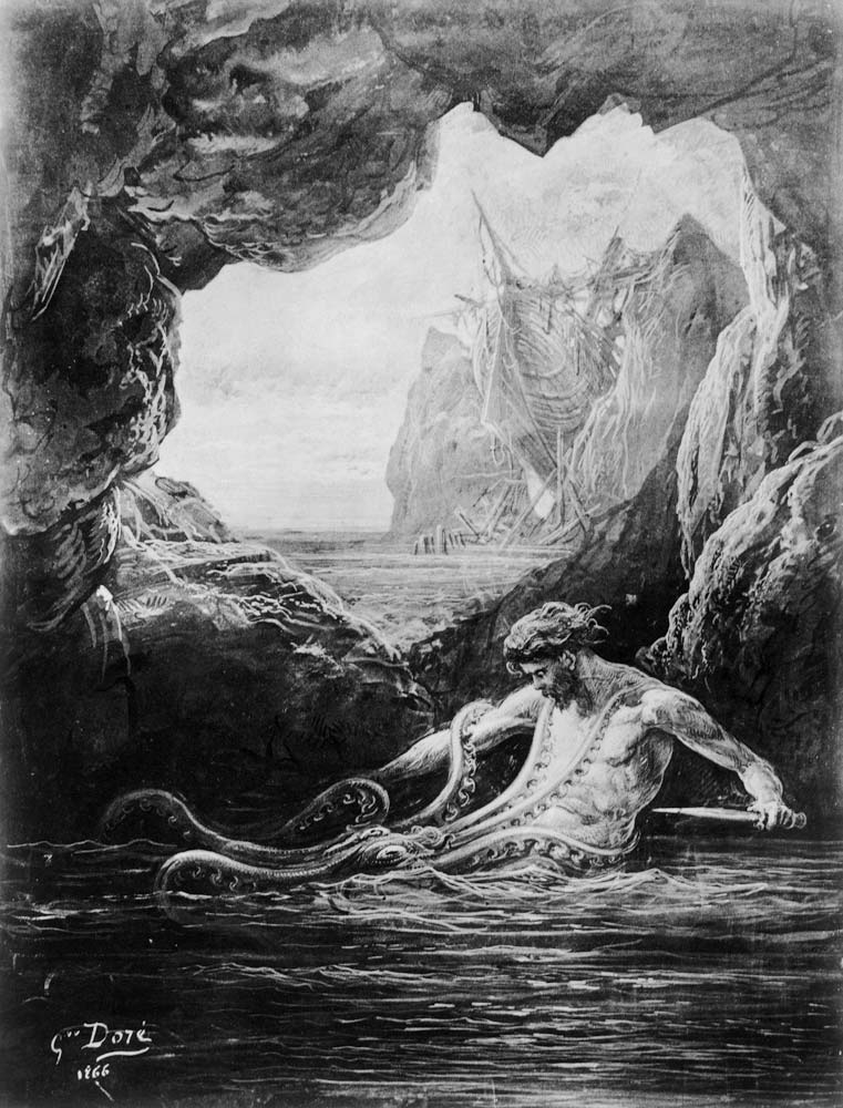 Gilliatt struggles with the giant octopus, illustration from ''Les Travailleurs de la Mer'' by Victo de Gustave Doré