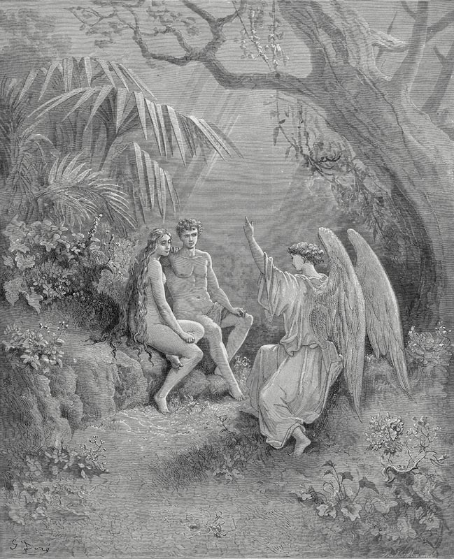 Raphael talks to Adam and Eve. Illustration for John Milton's "Paradise Lost" de Gustave Doré