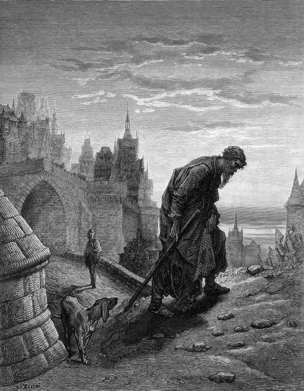 The Mariner, having finished his story, turns to leave, while his listener, the wedding guest gazes  de Gustave Doré